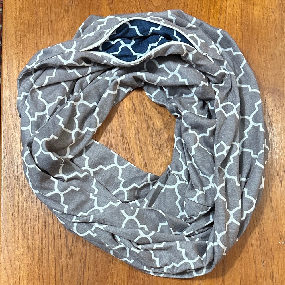 Travel Security Hidden Pocket Gray and White Patterned Infinity Scarf